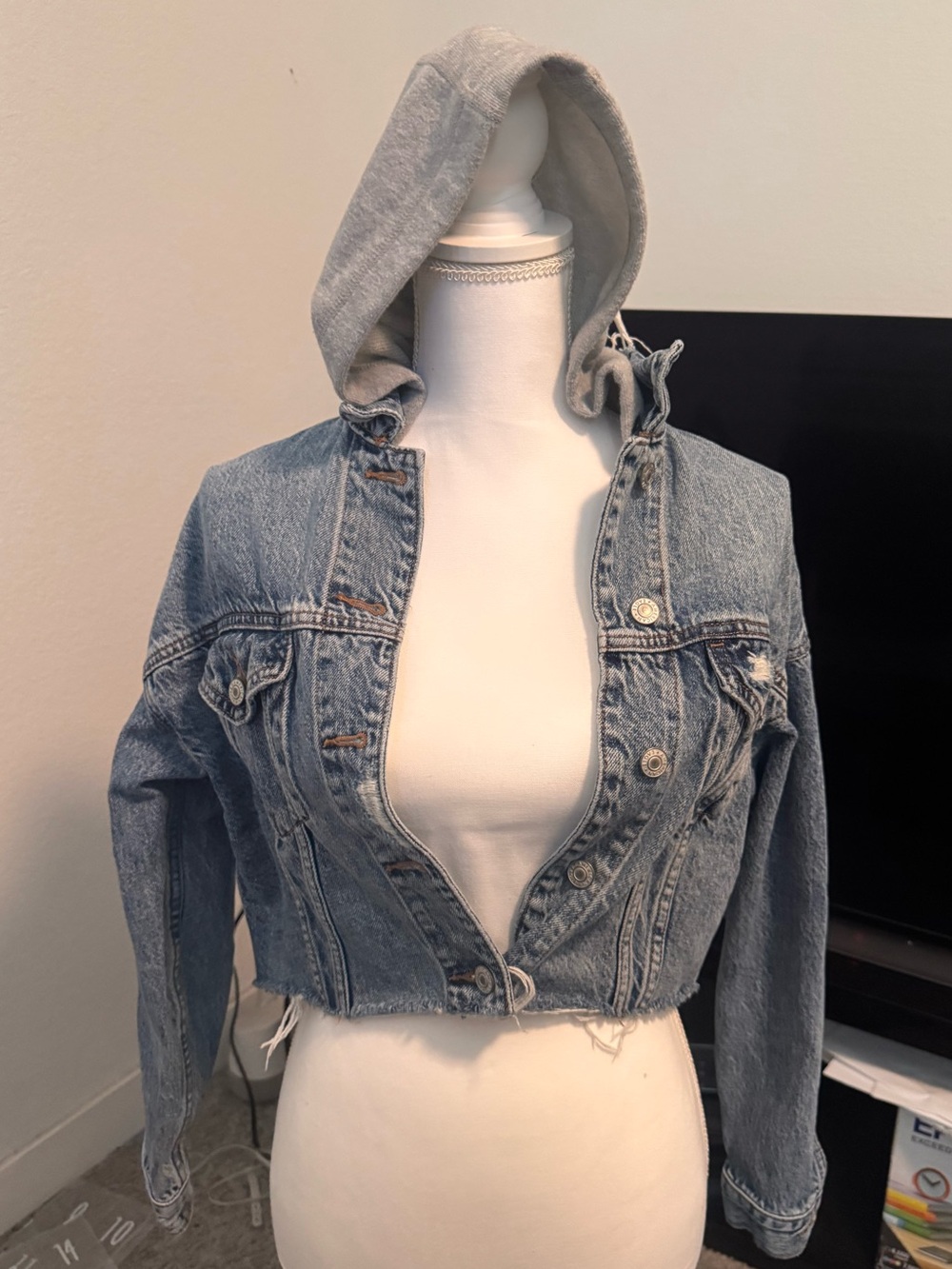 hooded ripped jean jacket
